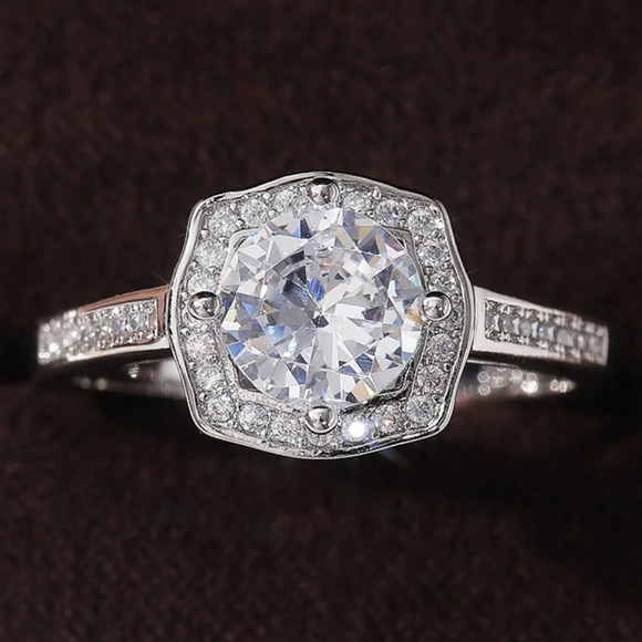 🌸Engagement Hollow Anillos Sparkling Round CZ Dainty Silver Rings, L133 - Picture 2 of 7